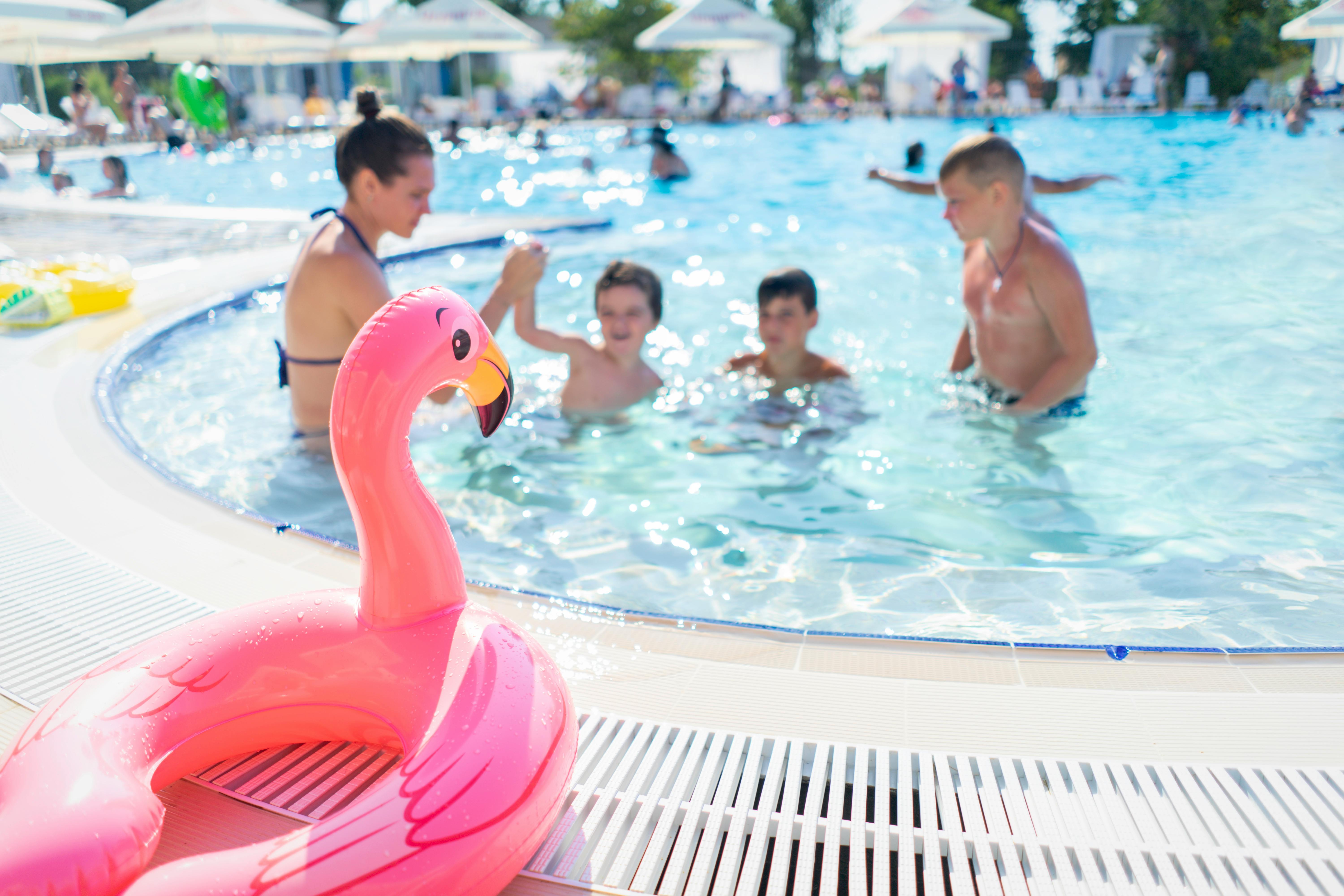 Familie speelt in zwembad met roze flamingoband